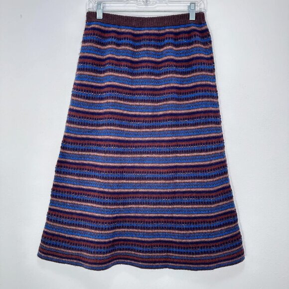 100% Wool Striped Brown Blue Purple A Line‎ Midi Skirt Made by Larissa Scotland - Picture 2 of 4